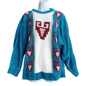 Vtg CAMEO ROSE Artisans Chenille Knit Sweater Southwestern Crew-neck Pullover S